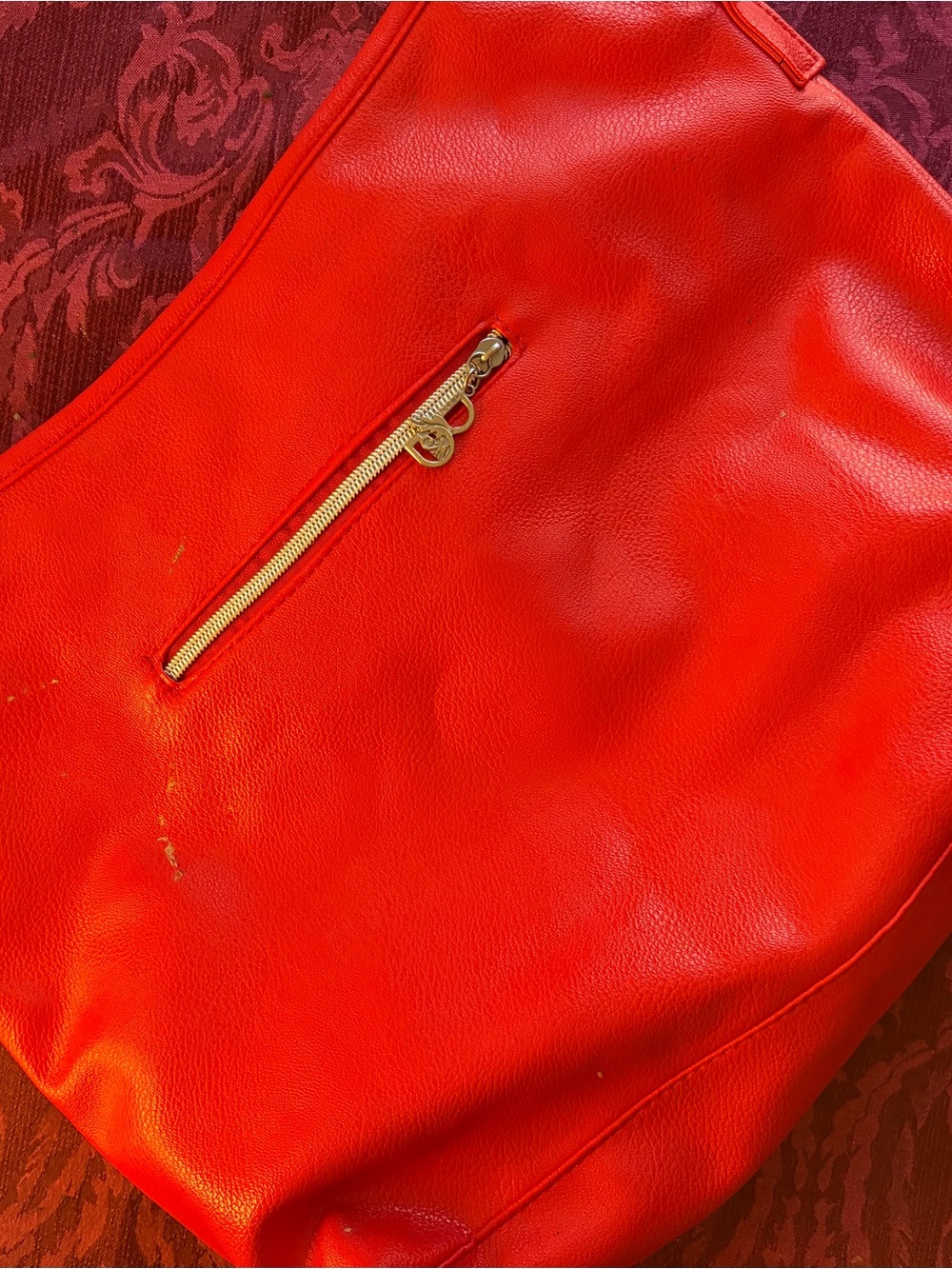 Red Leather Shoulder Bag with Gold Zipper